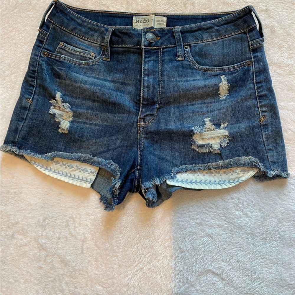 Mudd Womens Shorts Sz 7 FLX Stretch Distressed Boho Blue raw hem embroidery